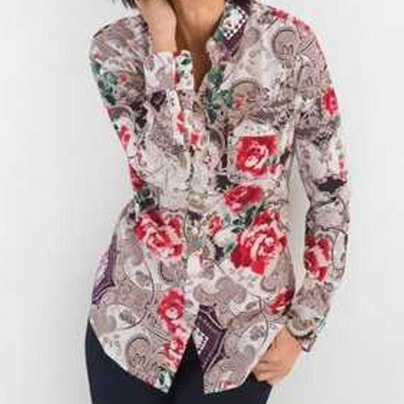 Chicos Silky Soft Floral Button Down Charm Easy Shirt Sz Lrg/2 Office Siren Y2K - Picture 2 of 10